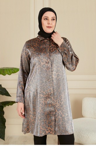 Hijab Grande Taille Pour Femmes Chemise Longue à Motifs Léopard Tunique 8892 Marron 8892.Kahverengi