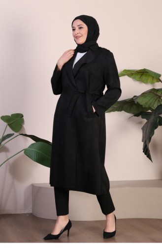 Trench En Daim Hijab Grande Taille Pour Femme Ceinturé à La Taille Trench-coat En Daim Hijab 8895 Noir 8895.siyah
