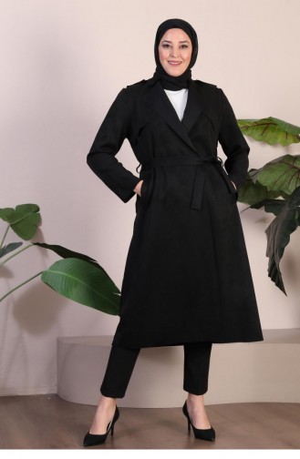 Trench En Daim Hijab Grande Taille Pour Femme Ceinturé à La Taille Trench-coat En Daim Hijab 8895 Noir 8895.siyah