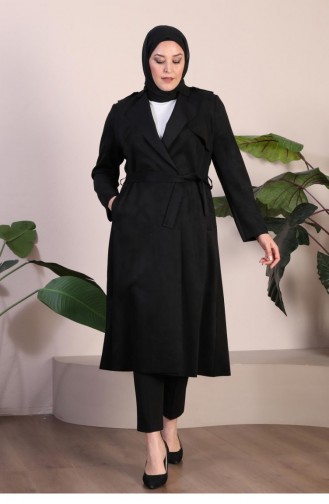 Trench En Daim Hijab Grande Taille Pour Femme Ceinturé à La Taille Trench-coat En Daim Hijab 8895 Noir 8895.siyah