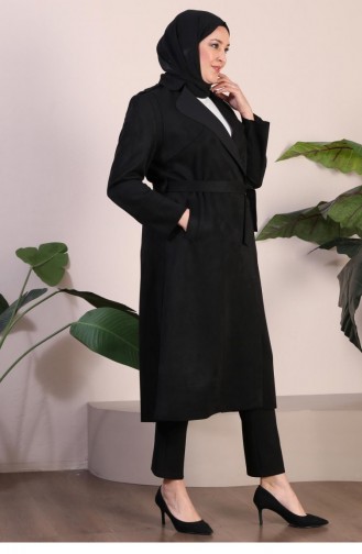 Trench En Daim Hijab Grande Taille Pour Femme Ceinturé à La Taille Trench-coat En Daim Hijab 8895 Noir 8895.siyah