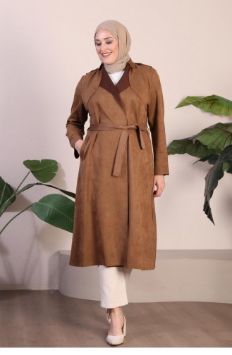 Women`s Large Size Hijab Suede Trench Belted Waist Hijab Suede Trench Coat 8895 Tan 8895.TABA