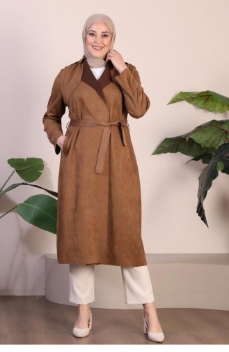 Women`s Large Size Hijab Suede Trench Belted Waist Hijab Suede Trench Coat 8895 Tan 8895.TABA