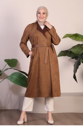 Women`s Large Size Hijab Suede Trench Belted Waist Hijab Suede Trench Coat 8895 Tan 8895.TABA