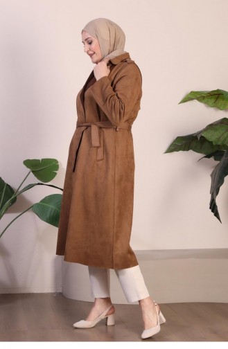 Women`s Large Size Hijab Suede Trench Belted Waist Hijab Suede Trench Coat 8895 Tan 8895.TABA