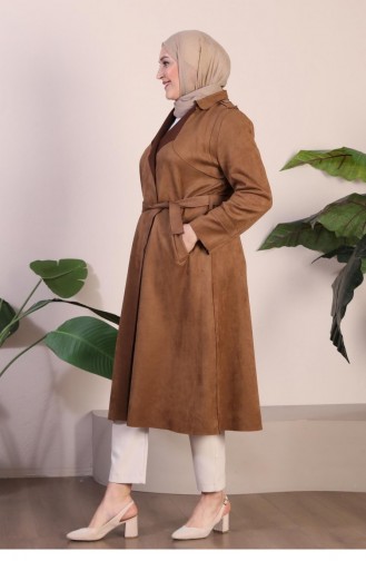 Women`s Large Size Hijab Suede Trench Belted Waist Hijab Suede Trench Coat 8895 Tan 8895.TABA