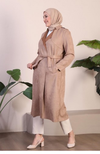 Women`s Large Size Hijab Suede Trench Belted Waist Hijab Suede Trench Coat 8895 Mink 8895.vizon