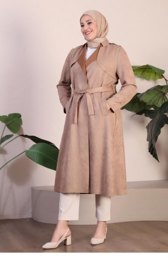 Women`s Large Size Hijab Suede Trench Belted Waist Hijab Suede Trench Coat 8895 Mink 8895.vizon