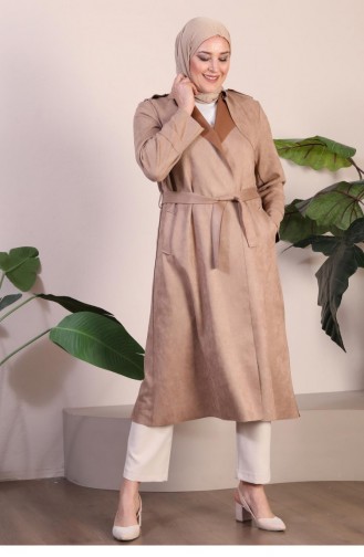 Women`s Large Size Hijab Suede Trench Belted Waist Hijab Suede Trench Coat 8895 Mink 8895.vizon