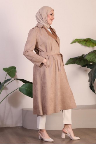 Women`s Large Size Hijab Suede Trench Belted Waist Hijab Suede Trench Coat 8895 Mink 8895.vizon