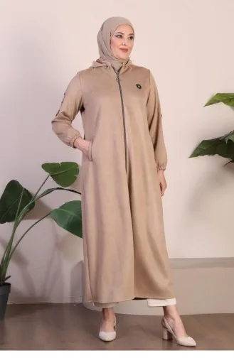 Women`s Large Size Hijab Suede Topcoat Long Hijab Suede Topcoat With Embroidery And Hooded 8905 Mink 8905.vizon