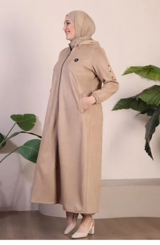 Women`s Large Size Hijab Suede Topcoat Long Hijab Suede Topcoat With Embroidery And Hooded 8905 Mink 8905.vizon