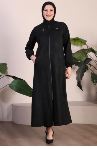 Grote Maat Hijab Suède Cape-topjas Voor Dames Met Lange Hijab-suède-topjas Met Ritssluiting 8912 Zwart 8912.siyah
