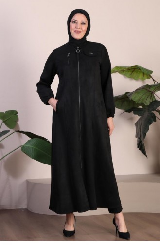 Grote Maat Hijab Suède Cape-topjas Voor Dames Met Lange Hijab-suède-topjas Met Ritssluiting 8912 Zwart 8912.siyah