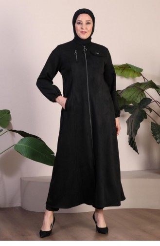Grote Maat Hijab Suède Cape-topjas Voor Dames Met Lange Hijab-suède-topjas Met Ritssluiting 8912 Zwart 8912.siyah