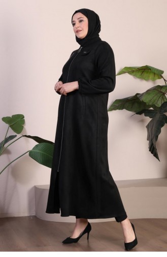 Grote Maat Hijab Suède Cape-topjas Voor Dames Met Lange Hijab-suède-topjas Met Ritssluiting 8912 Zwart 8912.siyah