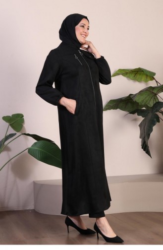 Grote Maat Hijab Suède Cape-topjas Voor Dames Met Lange Hijab-suède-topjas Met Ritssluiting 8912 Zwart 8912.siyah