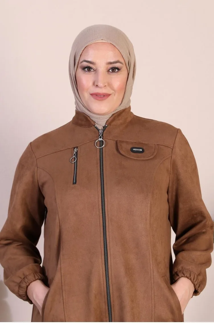 Women`s Large Size Hijab Suede Cape Topcoat With Zippered Long Hijab Suede Topcoat 8912 Tan 8912.TABA