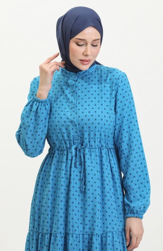 Half Button Patterned Dress 0387-06 İndigo 0387-06