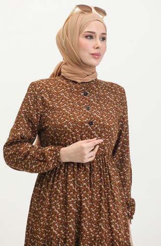Viskon Küçük Çiçekli Elbise 0391-03 Kahverengi