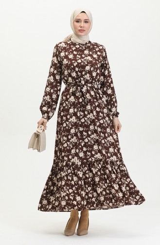Viscose Rose Patterned Belted Dress 0392-02 Brown 0392-02