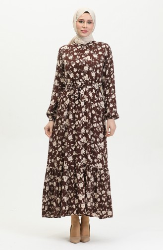 Viscose Rose Patterned Belted Dress 0392-02 Brown 0392-02