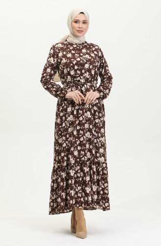 Viscose Rose Patterned Belted Dress 0392-02 Brown 0392-02