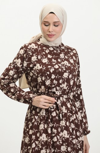 Viscose Rose Patterned Belted Dress 0392-02 Brown 0392-02