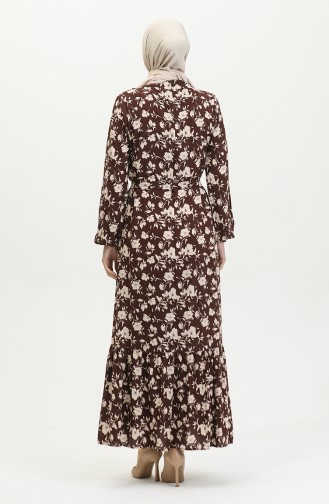 Viscose Rose Patterned Belted Dress 0392-02 Brown 0392-02