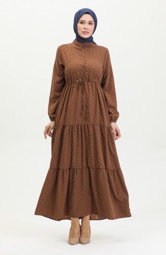 Yarım Düğmeli Desenli Elbise 0387-01 Kahverengi