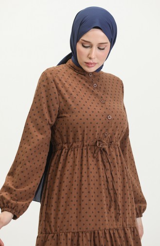 Yarım Düğmeli Desenli Elbise 0387-01 Kahverengi