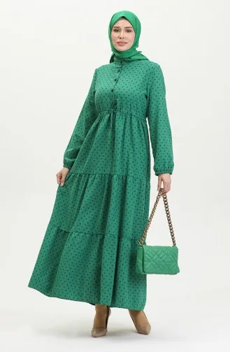 Halb Geknöpftes Gemustertes Kleid 0387-05 Smaragdgrün 0387-05