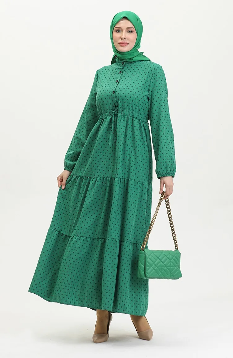 Halb Geknöpftes Gemustertes Kleid 0387-05 Smaragdgrün 0387-05