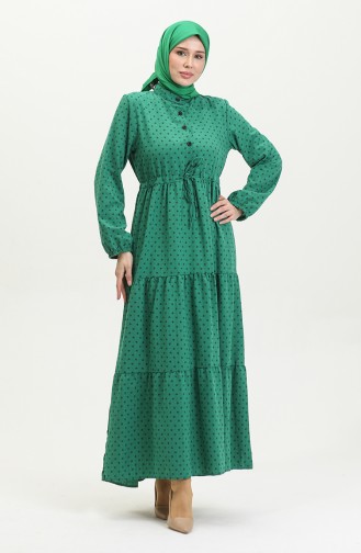 Robe à Motifs Demi Boutonnée 0387-05 Vert Emeraude 0387-05