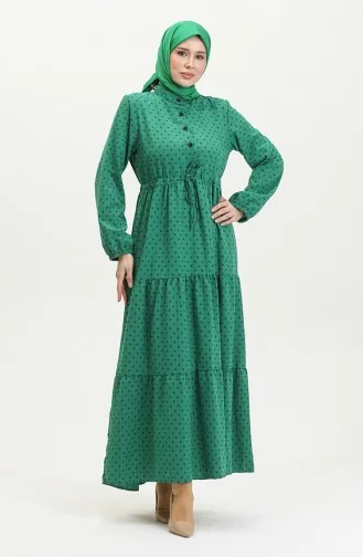 Halb Geknöpftes Gemustertes Kleid 0387-05 Smaragdgrün 0387-05