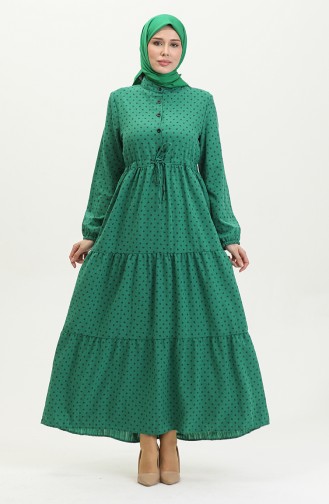فستان منقوش بأزرار نصفية  0387-05 أخضر زمردي 0387-05