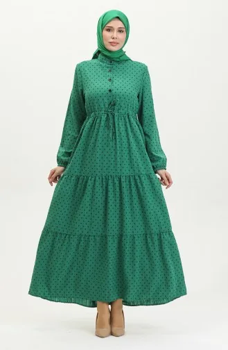 Halb Geknöpftes Gemustertes Kleid 0387-05 Smaragdgrün 0387-05