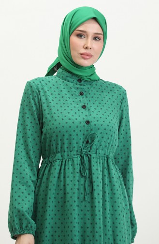 Yarım Düğmeli Desenli Elbise 0387-05 Zümrüt Yeşili