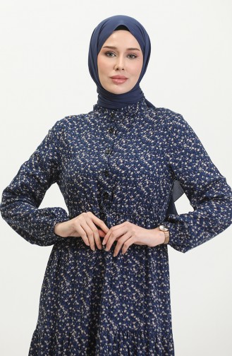 Viskon Küçük Çiçekli Elbise 0391-01 Lacivert