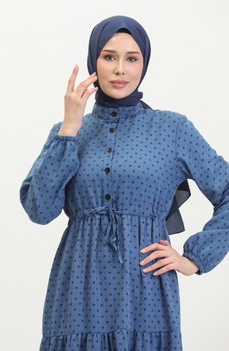 فستان منقوش بأزرار نصفية  0387-03 كحلي 0387-03