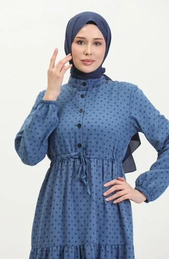 فستان منقوش بأزرار نصفية  0387-03 كحلي 0387-03