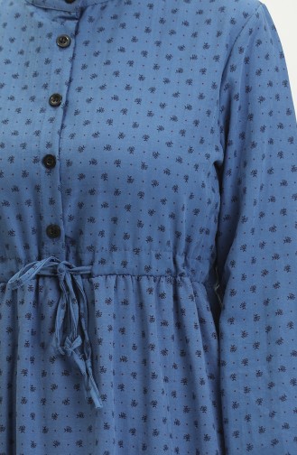 Yarım Düğmeli Desenli Elbise 0387-03 Lacivert