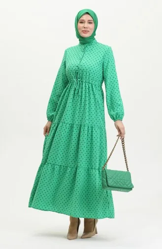 فستان منقوش بأزرار نصفية 0387-07 أخضر 0387-07