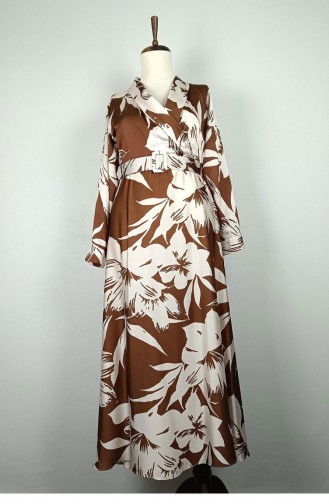 Plus Size Patterned Satin Dress Brown 7863 1287