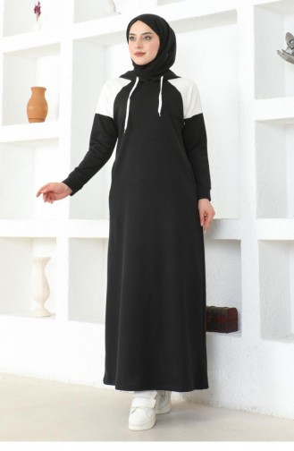 2082 Mg Schouder Gedetailleerde Hijab-jurk Zwart 17016