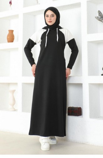 2082 Mg Schouder Gedetailleerde Hijab-jurk Zwart 17016