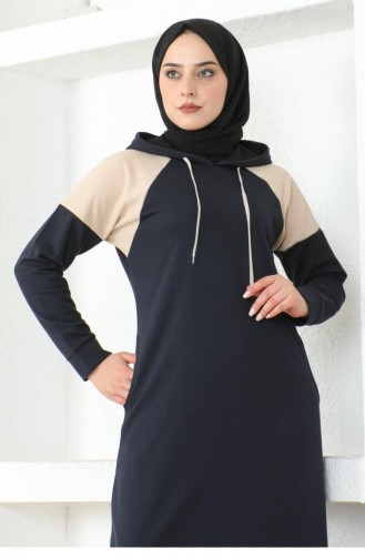 2082 Mg Schouder Gedetailleerde Hijabjurk Marineblauw 17017