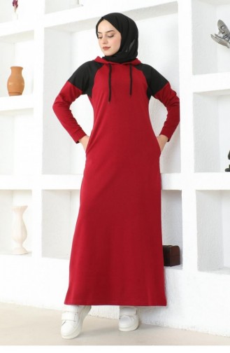 2082Mg Shoulder Detailed Hijab Dress Claret Red 17020