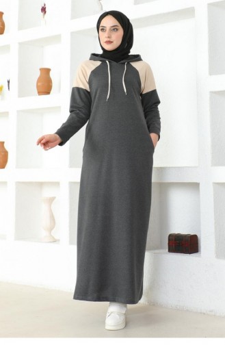 2082Mg Shoulder Detailed Hijab Dress Anthracite 17021