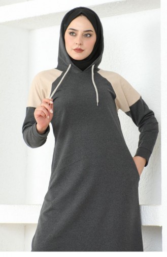 2082Mg Shoulder Detailed Hijab Dress Anthracite 17021